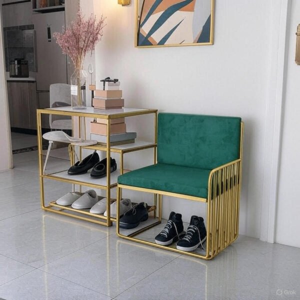 Green Velvet Gold Shoe Rack Bench