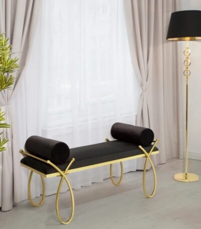 Luxury Black Velvet Bench with Golden Frame & Cushions