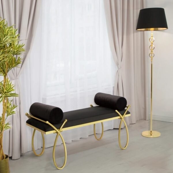 Luxury Black Velvet Bench with Golden Frame & Cushions