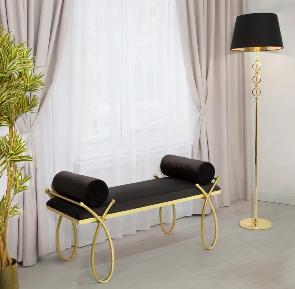 Luxury Black Velvet Bench with Golden Frame & Cushions