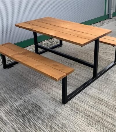 Modern Metal Frame Picnic Table with Wooden Seats