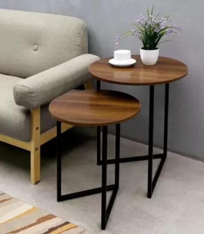 Modern Nesting Round Side Table Set – 2-Piece Wood & Metal