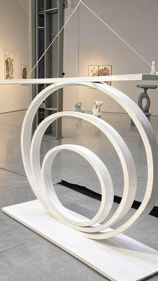 The Modern Concentric Ring Sculpture with Figurines is a bold, hangable art piece featuring suspended concentric rings and minimal figurines